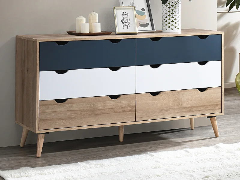 Commode 6 tiroirs - Coloris : Naturel, blanc et bleu marine - LURVIA