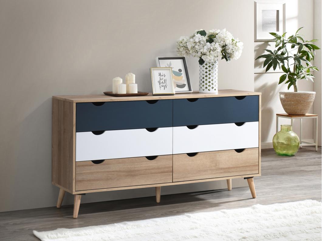 Commode 6 tiroirs - Coloris : Naturel, blanc et bleu marine - LURVIA