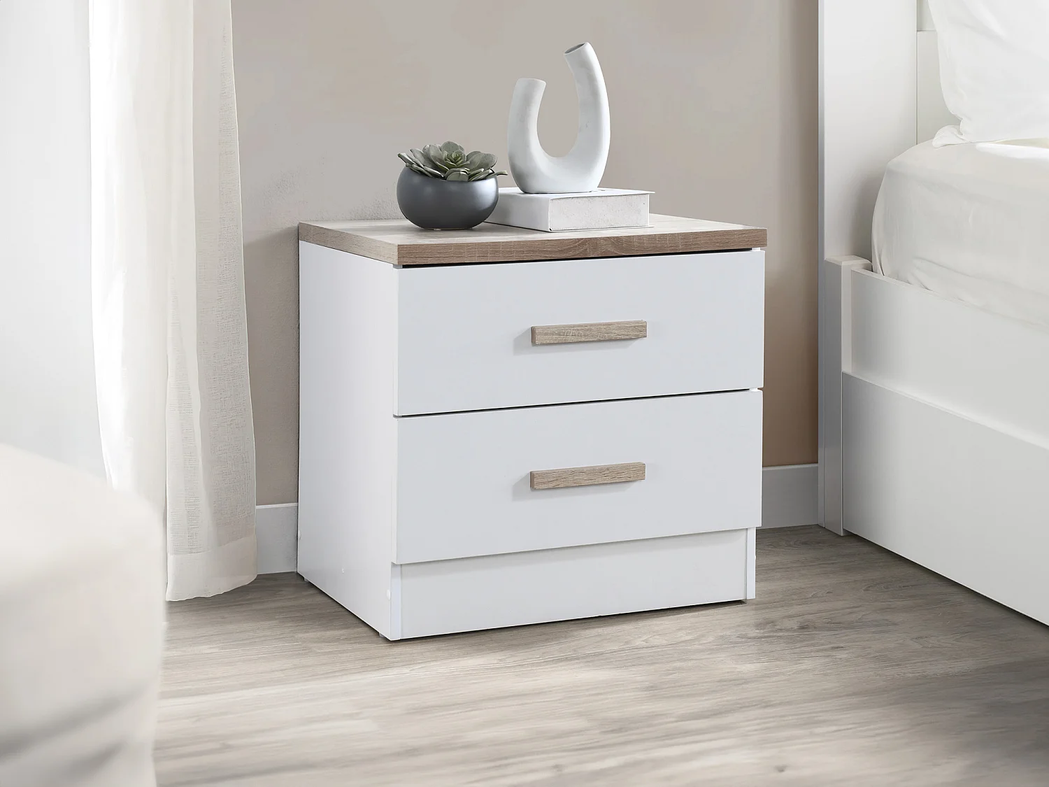 Table de chevet avec 2 tiroirs - Blanc et naturel - SKAIDO