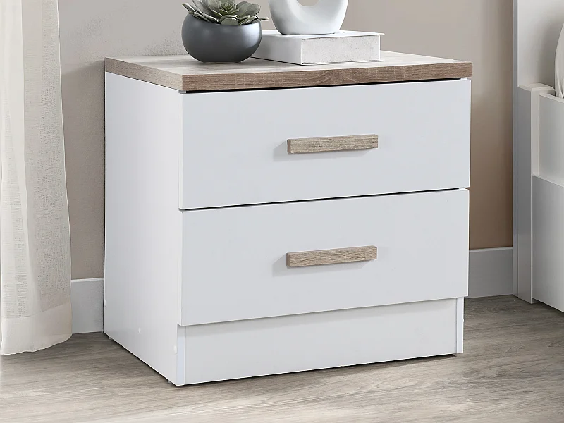 Table de chevet avec 2 tiroirs - Blanc et naturel - SKAIDO