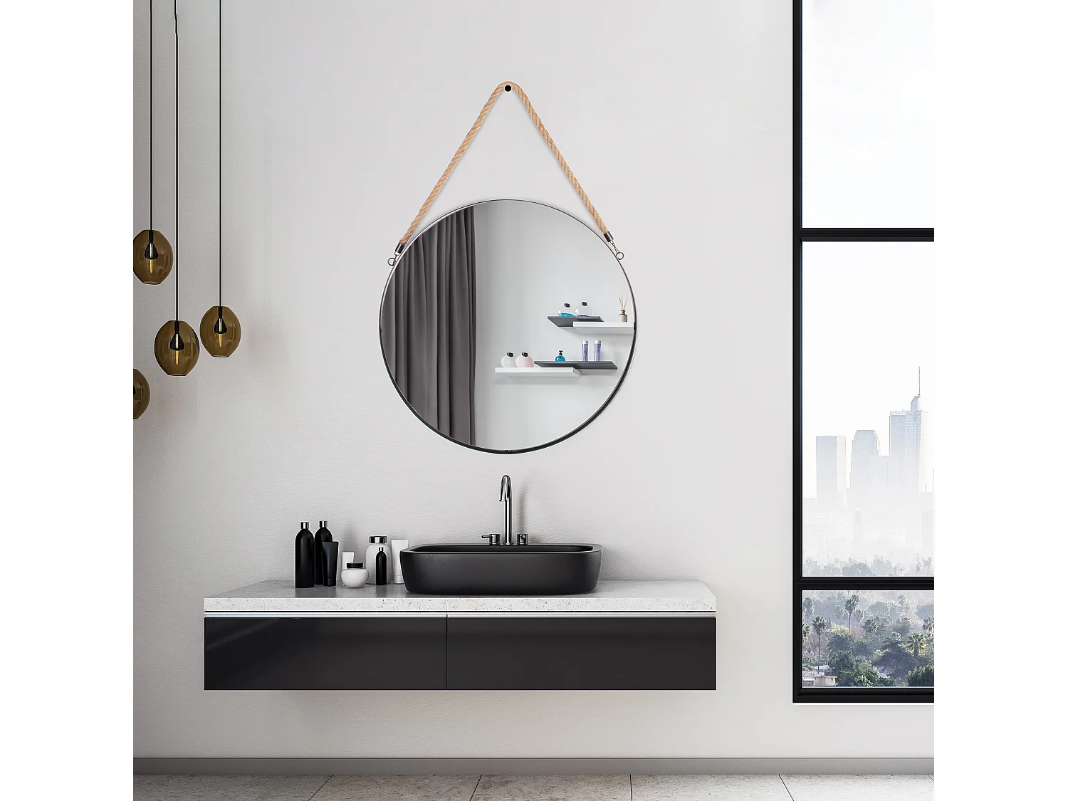 Miroir Rond Noir Anse Jonc 50cm Noir