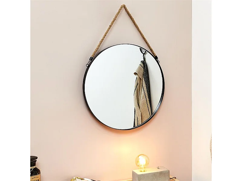Miroir Rond Noir Anse Jonc 50cm Noir