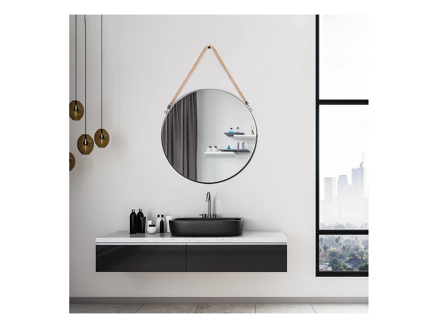 Miroir Rond Noir Anse Jonc 50cm Noir
