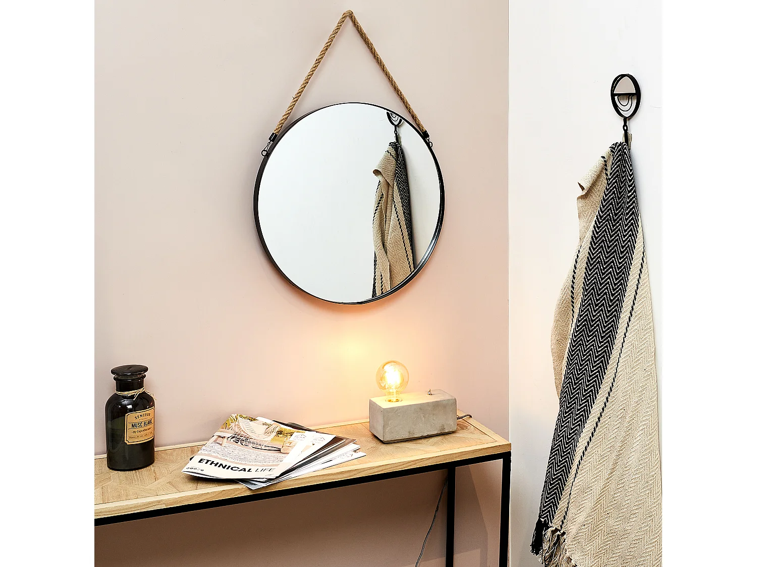 Miroir Rond Noir Anse Jonc 50cm Noir