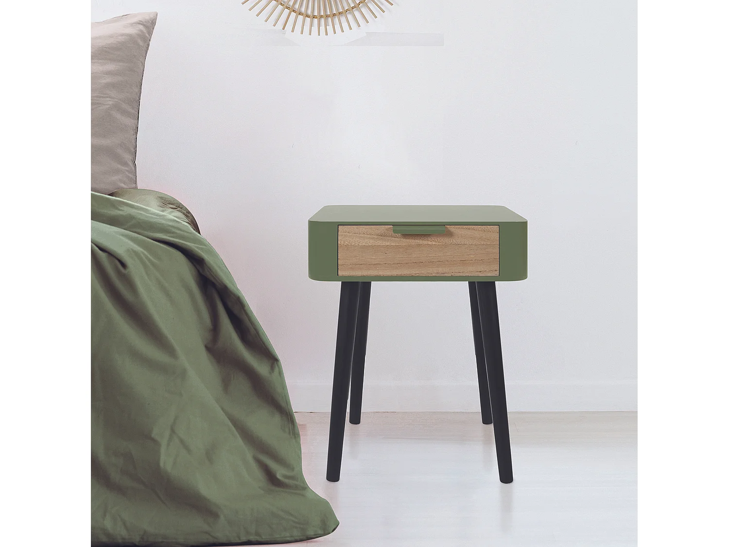 Table de Chevet 1 Tiroir "Bois" 48cm Vert Kaki