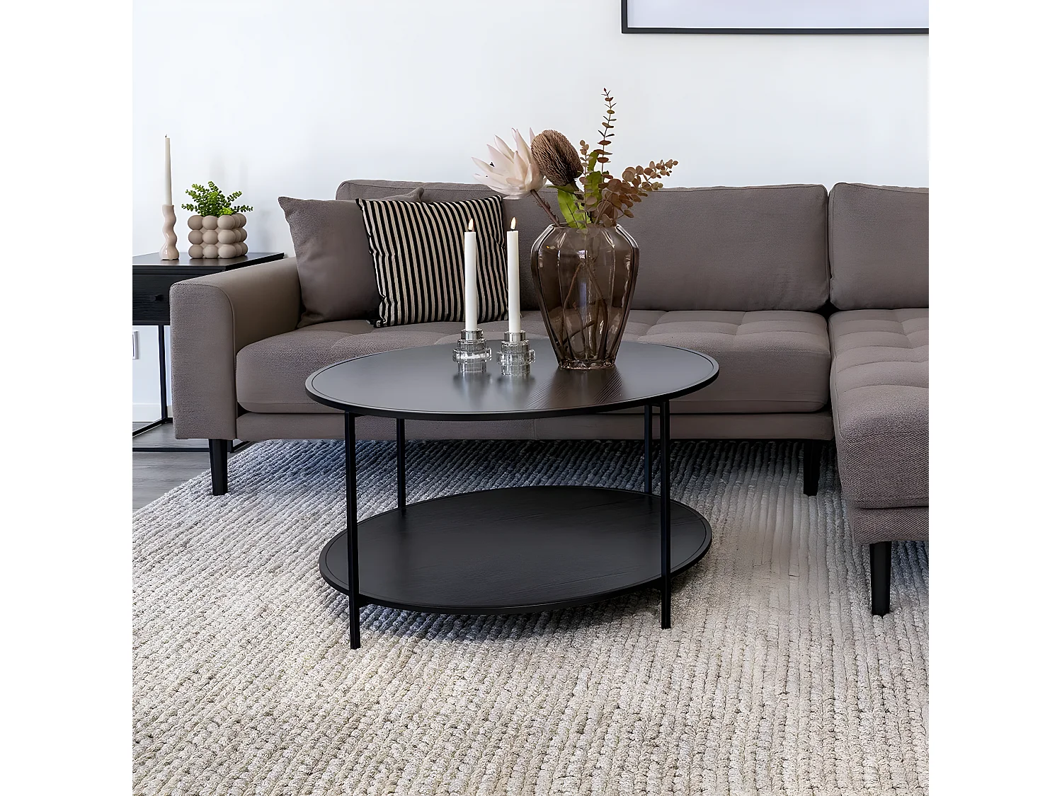 HARALD - Table Basse Ronde Acier et Effet Bois Noir