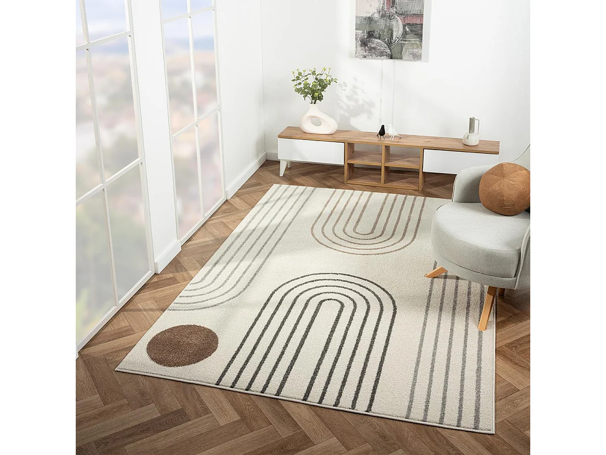 tapis salon 120x170 tissé crème rectangle motif géométrique RERAND
