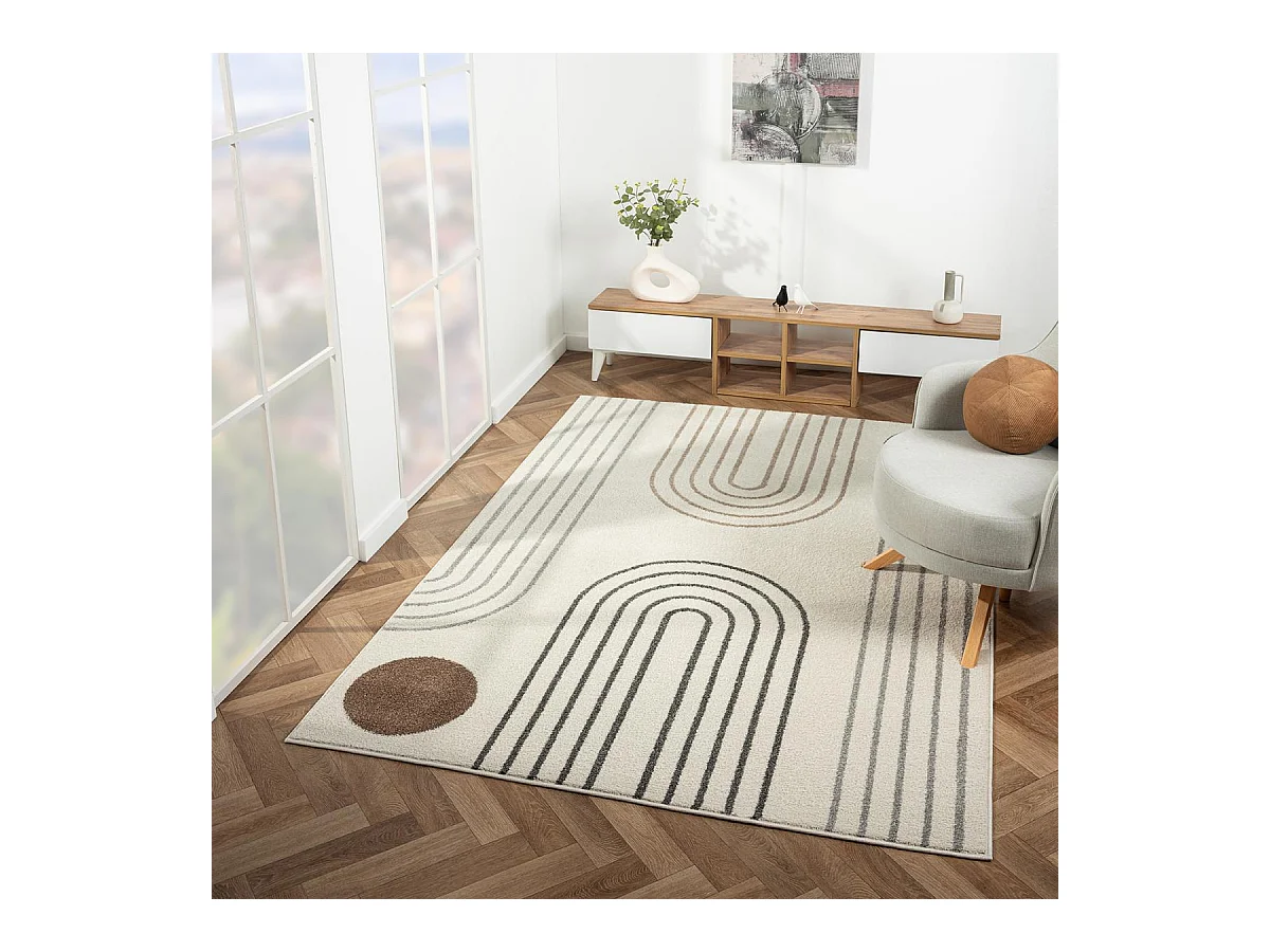 tapis salon 120x170 tissé crème rectangle motif géométrique RERAND