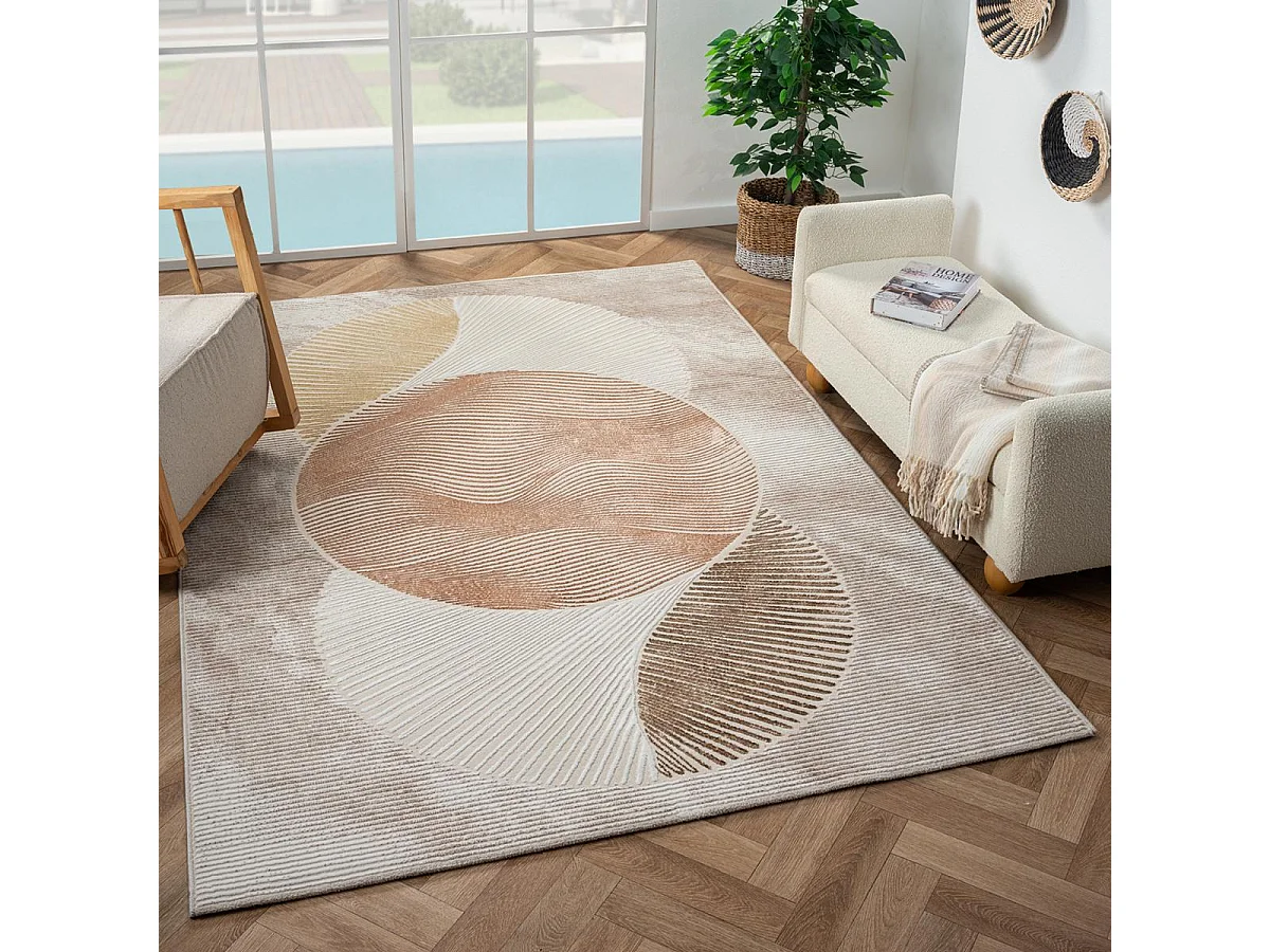 tapis salon 160x230 tissé crème et beige rectangle motif abstrait DOUCIL