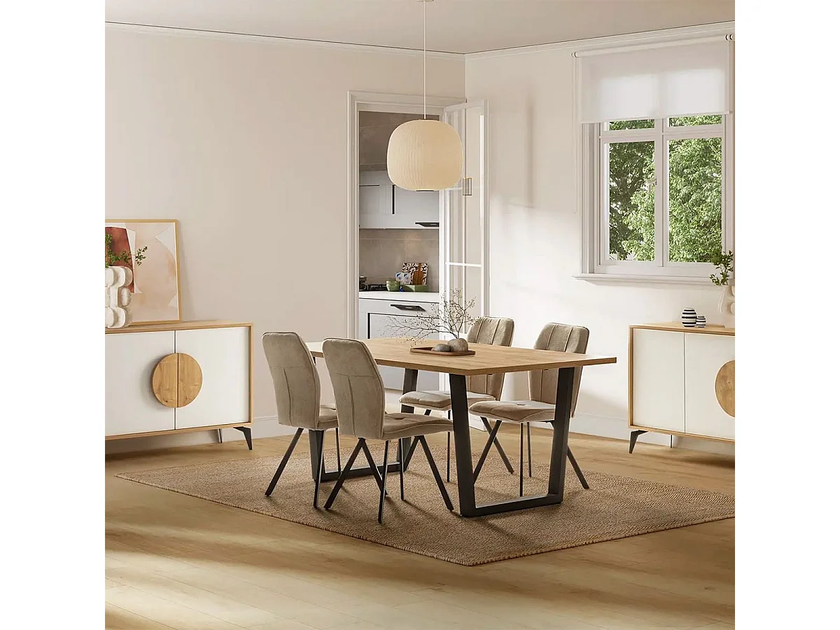 SELMA - Lot de 4 Chaises Tissu Beige Effet Tricoté Pieds Métal Noir