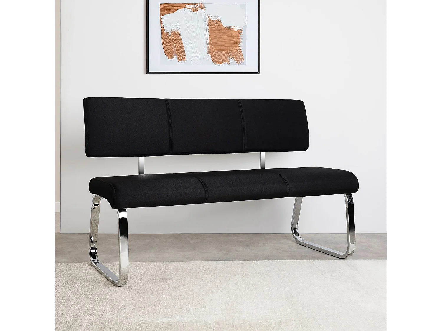 Banc design VILAS siège avec 3 places, banquette au piètement chromé et dossier au revêtement en tissu noir