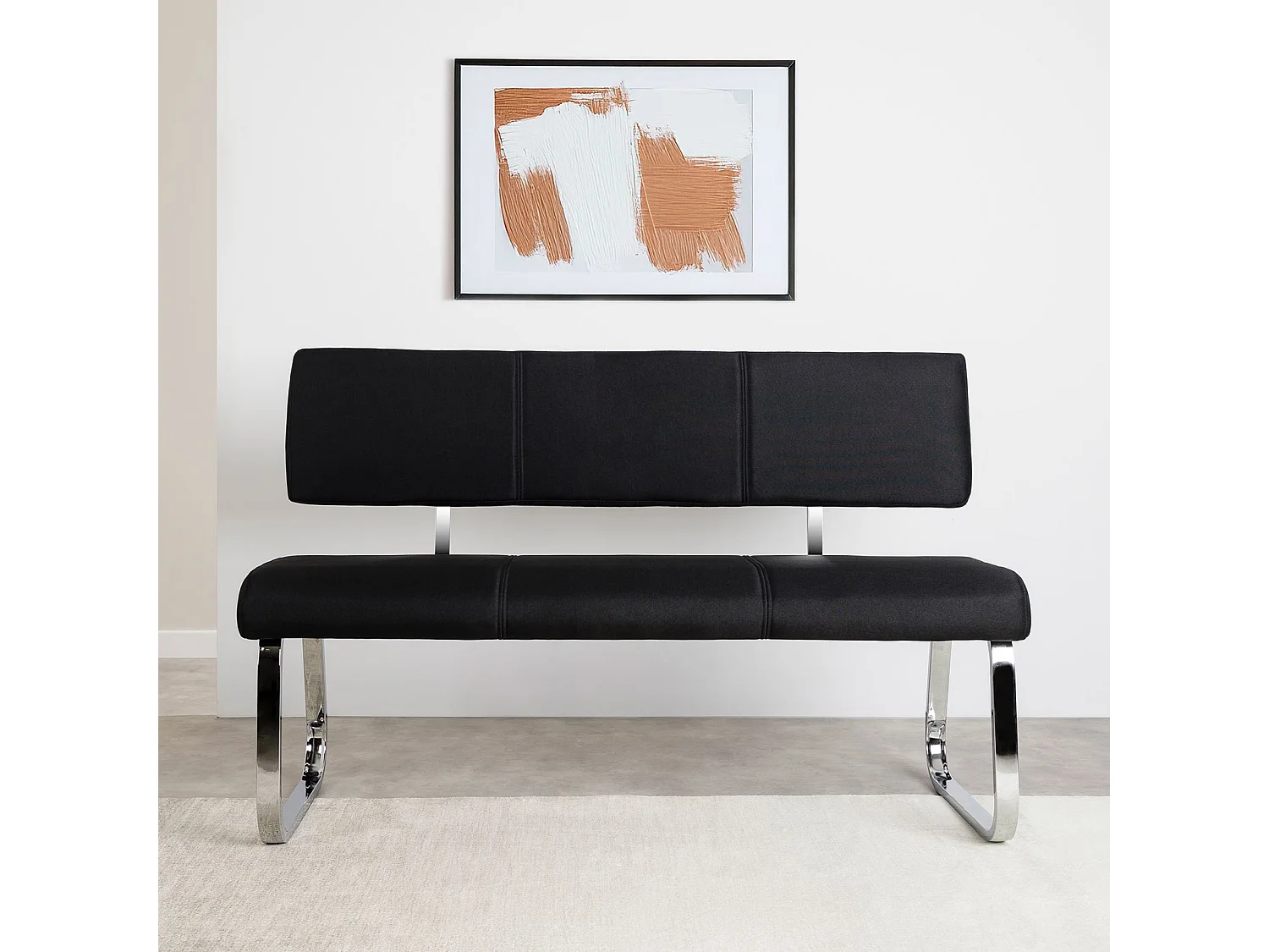 Banc design VILAS siège avec 3 places, banquette au piètement chromé et dossier au revêtement en tissu noir