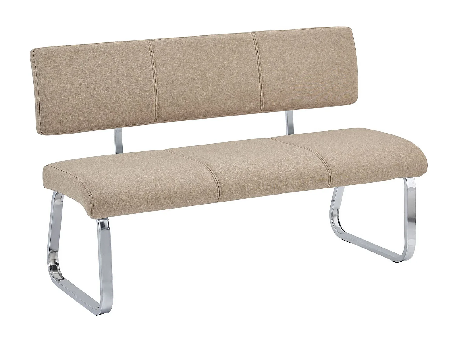 Banc design VILAS siège avec 3 places, banquette au piètement chromé et dossier au revêtement en tissu beige