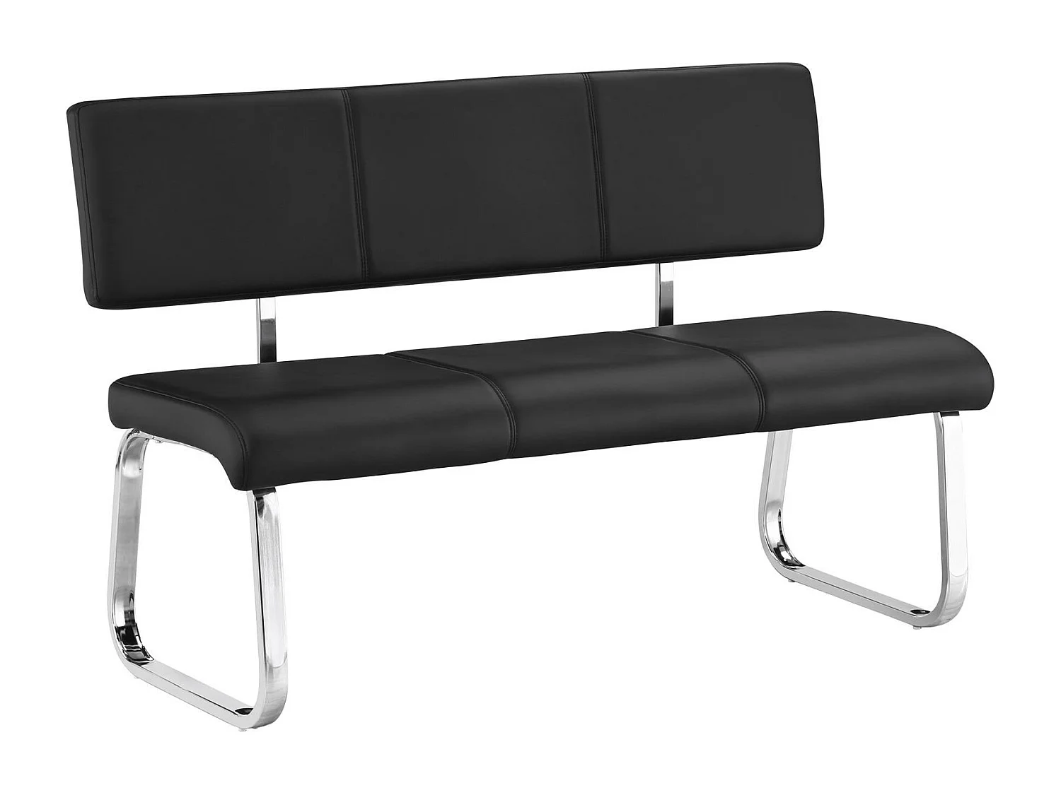 Banc design VILAS siège avec 3 places, banquette au piètement chromé et dossier au revêtement synthétique noir