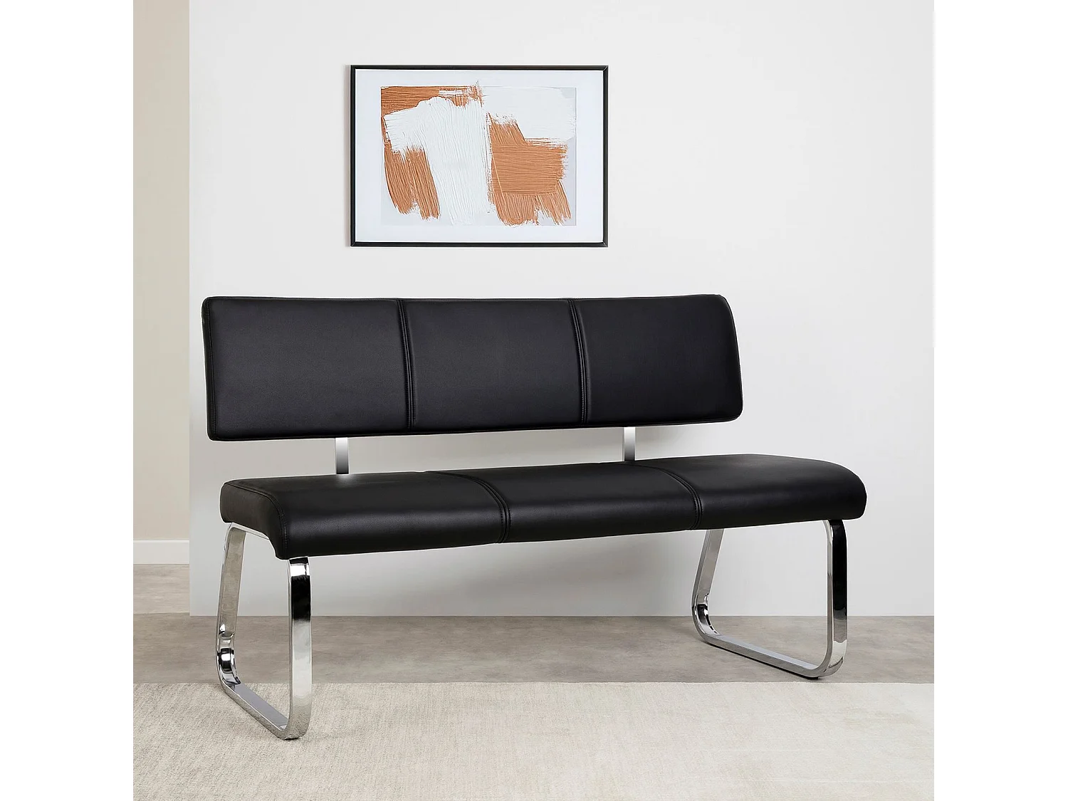 Banc design VILAS siège avec 3 places, banquette au piètement chromé et dossier au revêtement synthétique noir