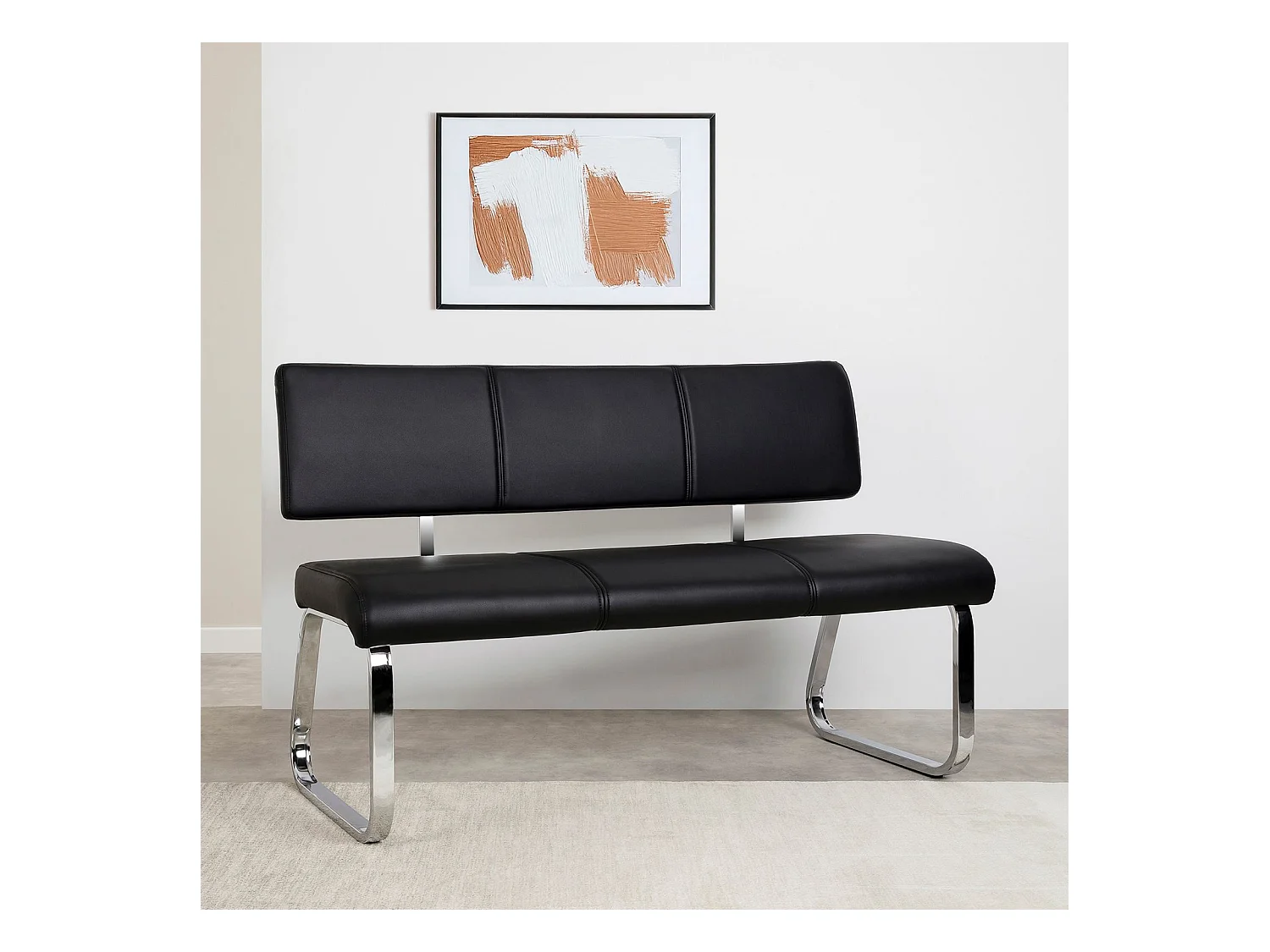 Banc design VILAS siège avec 3 places, banquette au piètement chromé et dossier au revêtement synthétique noir