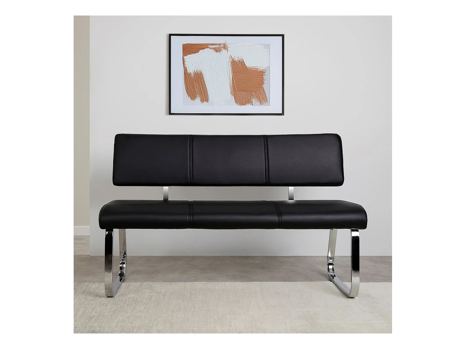 Banc design VILAS siège avec 3 places, banquette au piètement chromé et dossier au revêtement synthétique noir