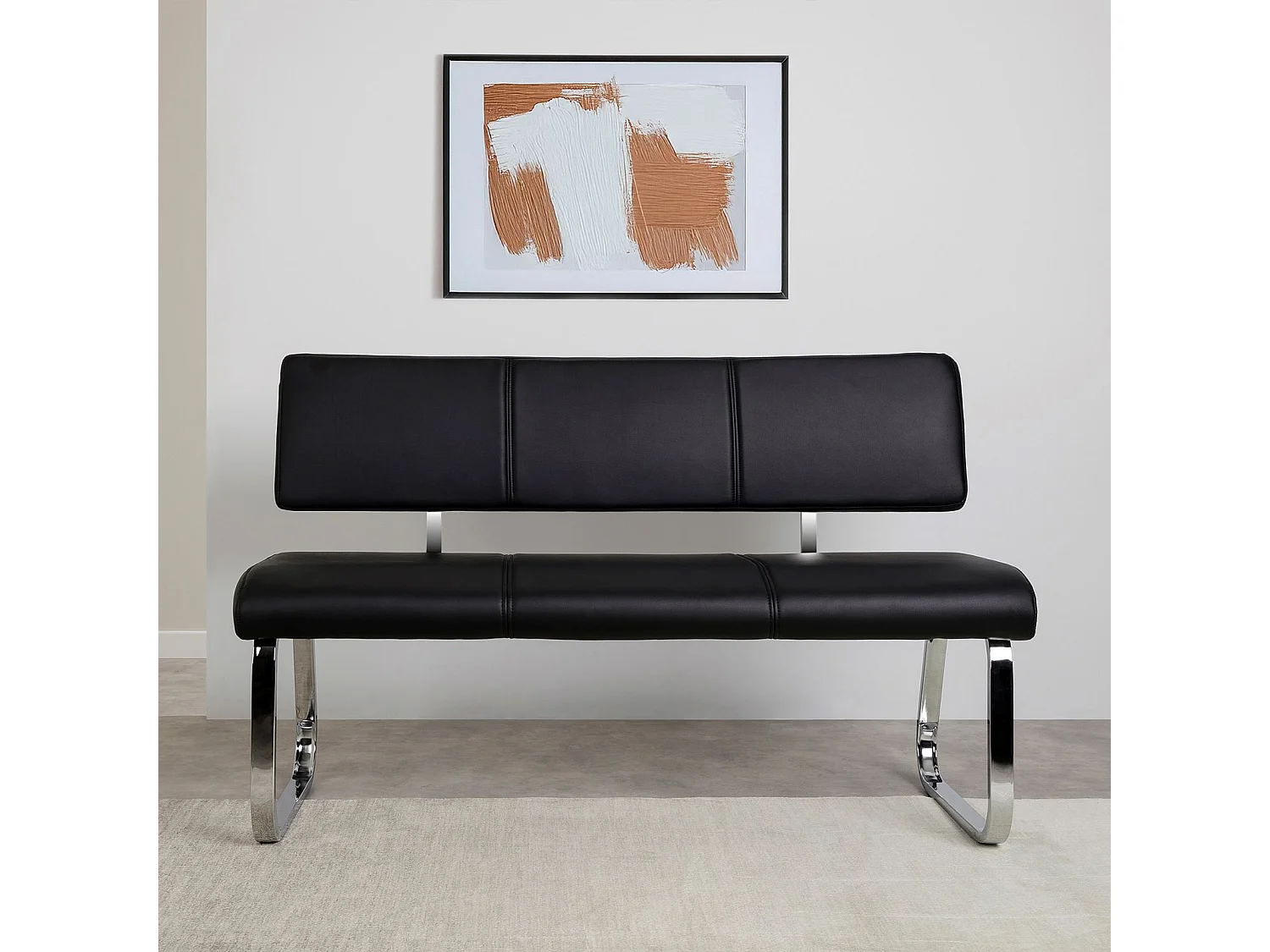 Banc design VILAS siège avec 3 places, banquette au piètement chromé et dossier au revêtement synthétique noir