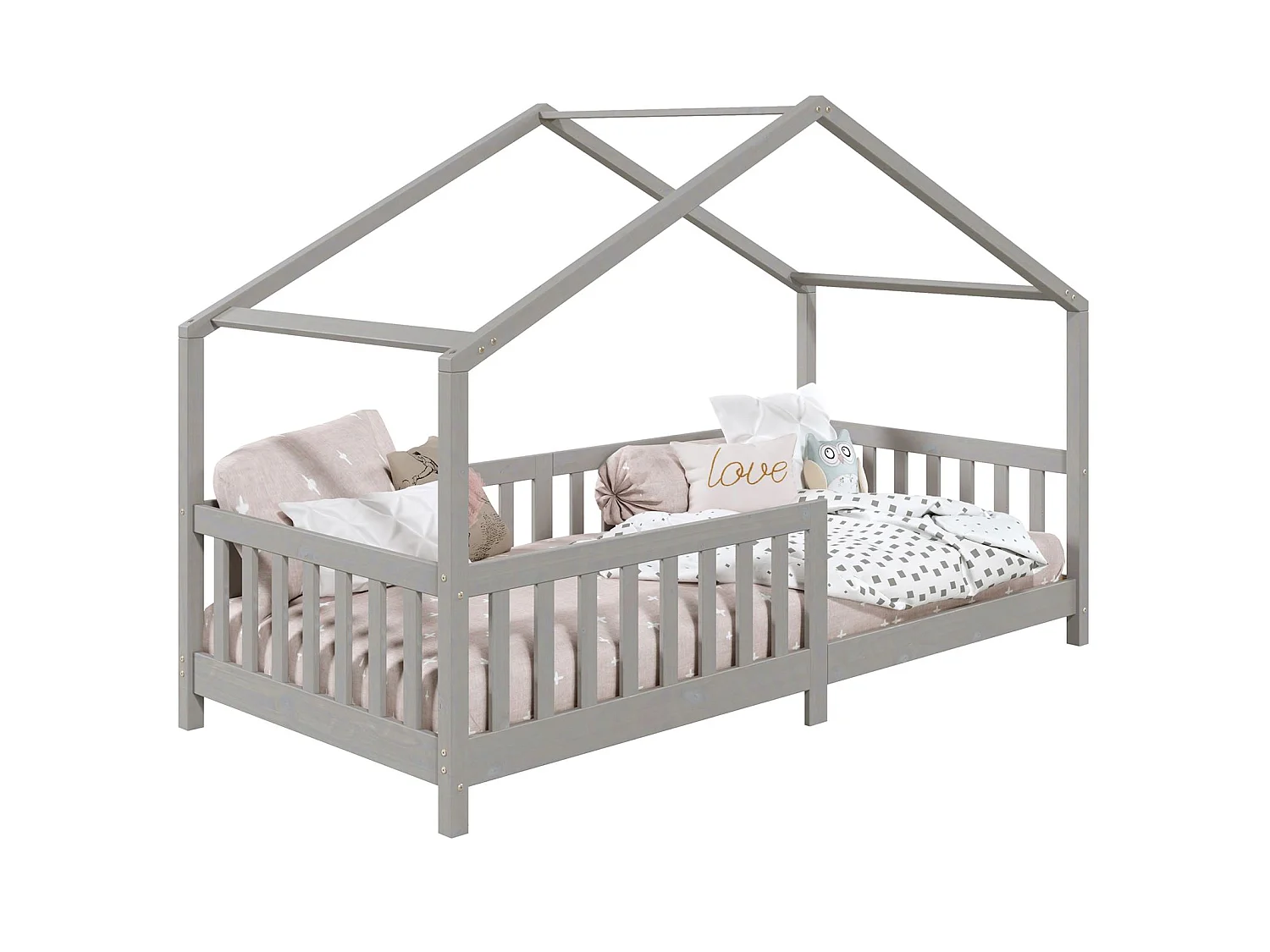 Lit cabane enfant 90x190 cm LISAN lit Simple montessori avec Barrières de Protection en Bois Massif lasuré gris