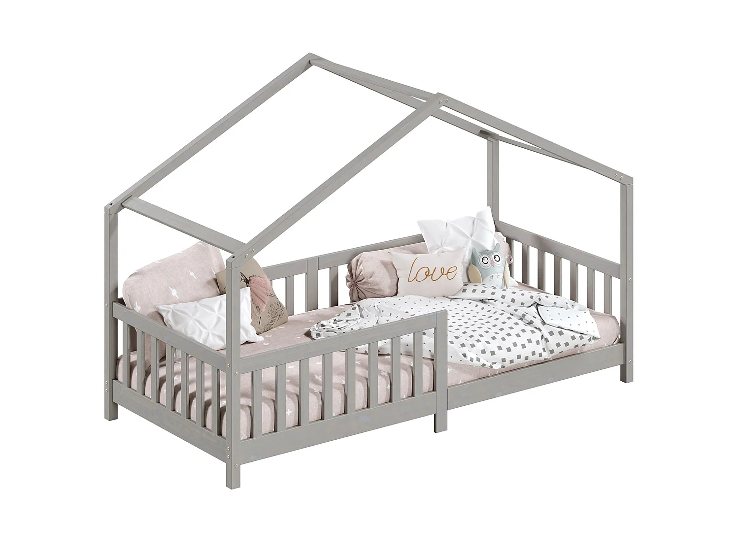 Lit cabane enfant 90x190 cm LISAN lit Simple montessori avec Barrières de Protection en Bois Massif lasuré gris