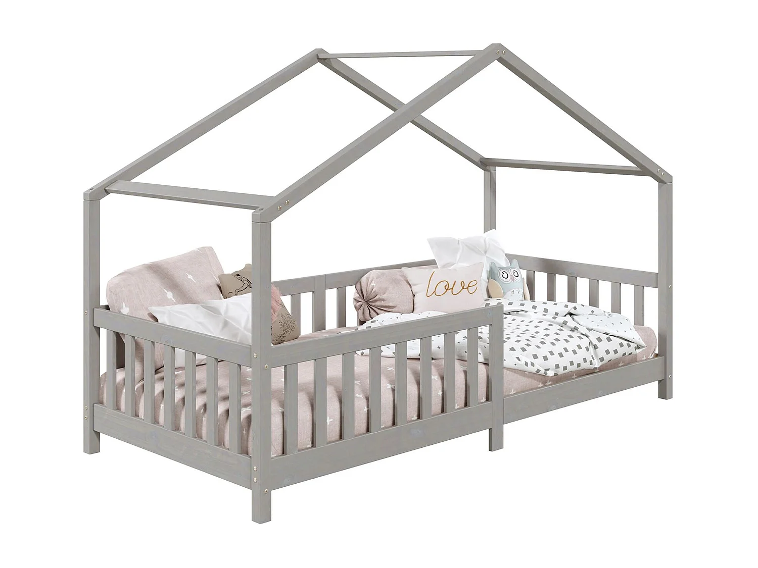 Lit cabane enfant 90x190 cm LISAN lit Simple montessori avec Barrières de Protection en Bois Massif lasuré gris