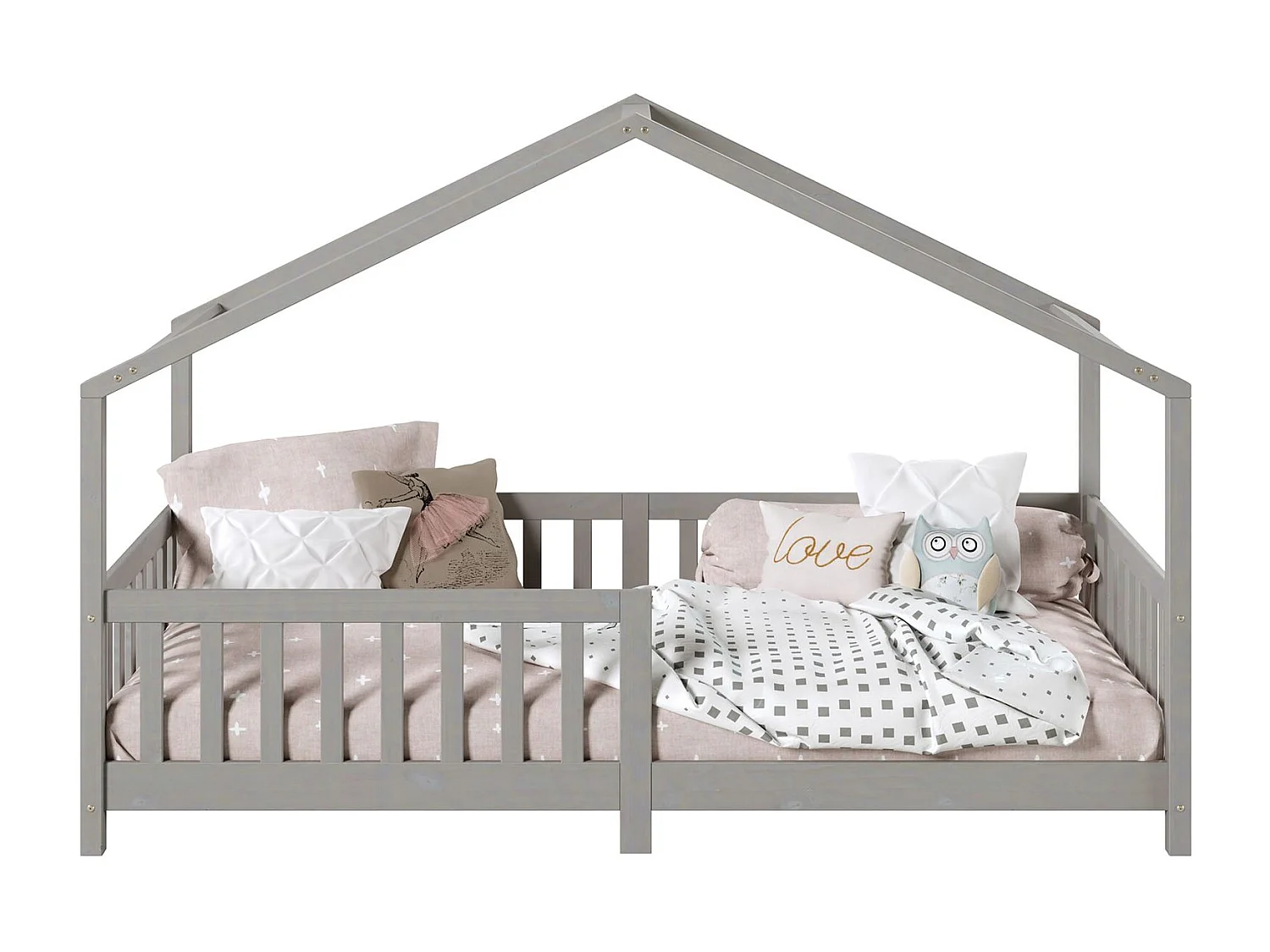 Lit cabane enfant 90x190 cm LISAN lit Simple montessori avec Barrières de Protection en Bois Massif lasuré gris