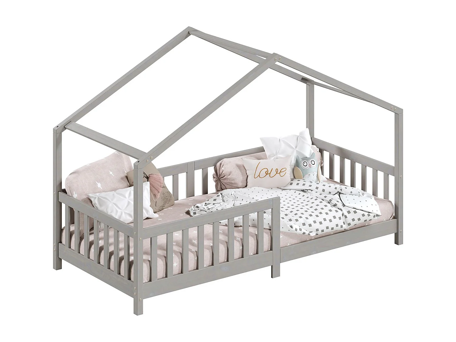 Lit cabane enfant 90x190 cm LISAN lit Simple montessori avec Barrières de Protection en Bois Massif lasuré gris