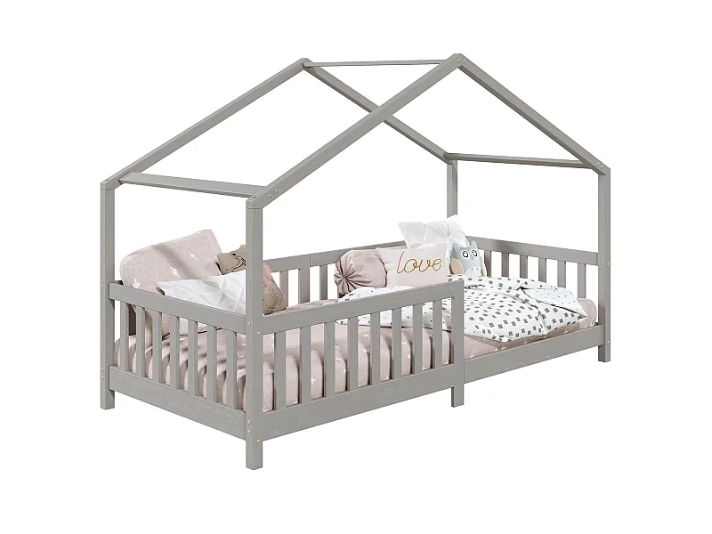 Lit cabane enfant 90x190 cm LISAN lit Simple montessori avec Barrières de Protection en Bois Massif lasuré gris