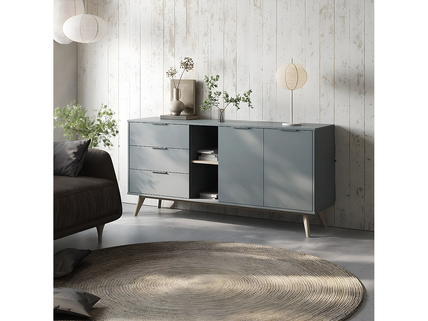 CANACA - Buffet 165cm 2 Portes 3 Tiroirs Scandinave MDF et Pin Massif Gris Vert