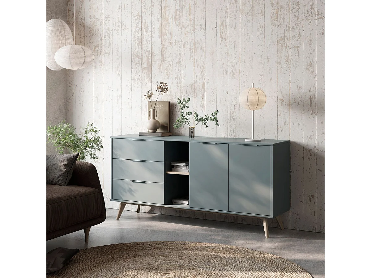 CANACA - Buffet 165cm 2 Portes 3 Tiroirs Scandinave MDF et Pin Massif Gris Vert