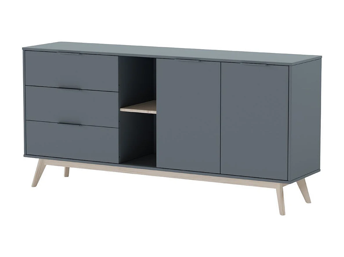 CANACA - Buffet 165cm 2 Portes 3 Tiroirs Scandinave MDF et Pin Massif Gris Vert