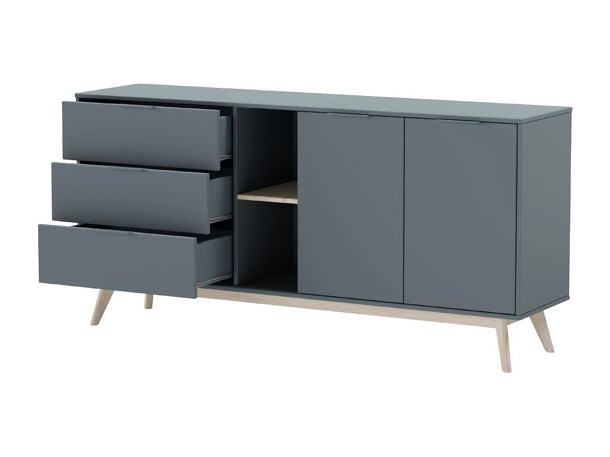 CANACA - Buffet 165cm 2 Portes 3 Tiroirs Scandinave MDF et Pin Massif Gris Vert