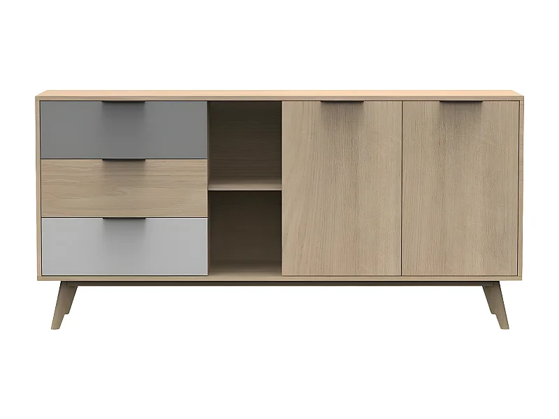 BORGH - Buffet 165cm 2 Portes 3 Tiroirs Scandinave Pin Massif Gris, Blanc et Effet Chêne