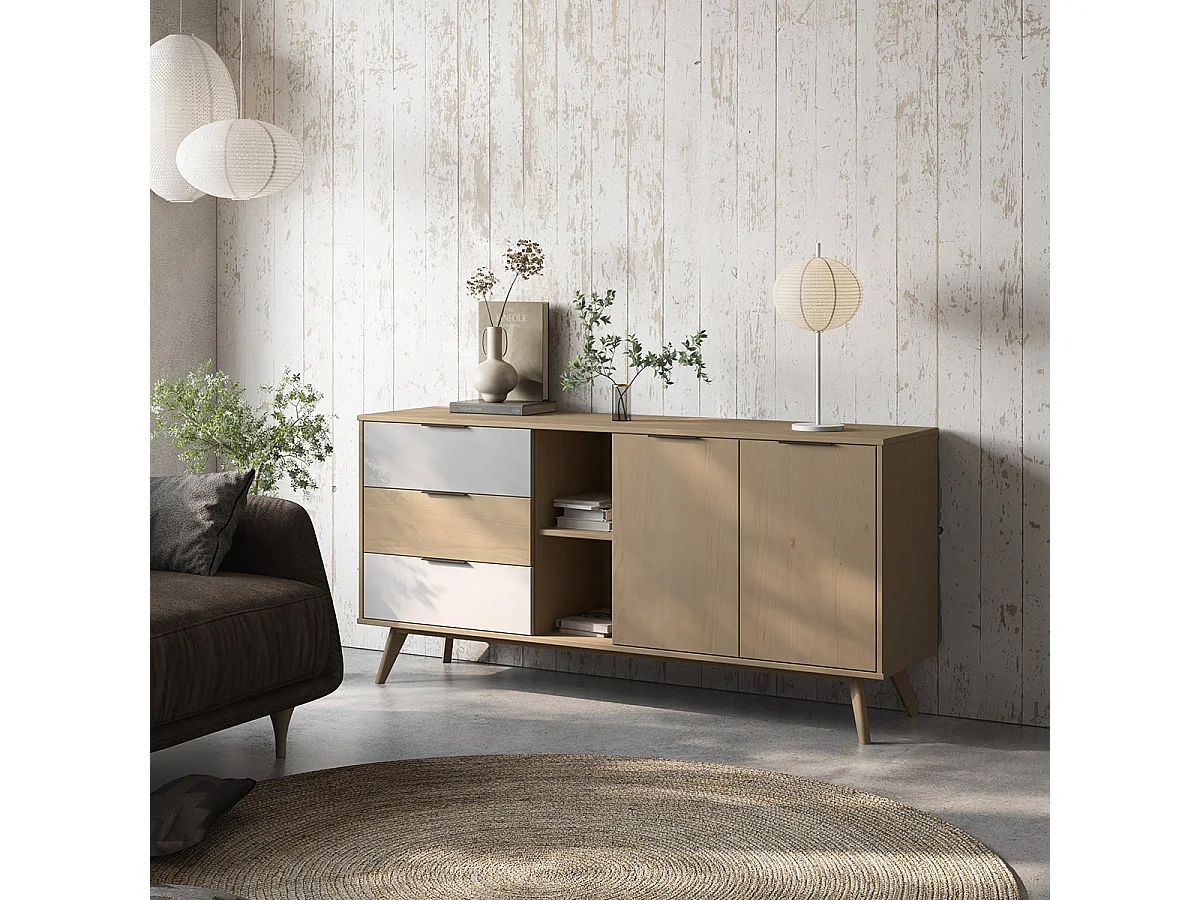 BORGH - Buffet 165cm 2 Portes 3 Tiroirs Scandinave Pin Massif Gris, Blanc et Effet Chêne