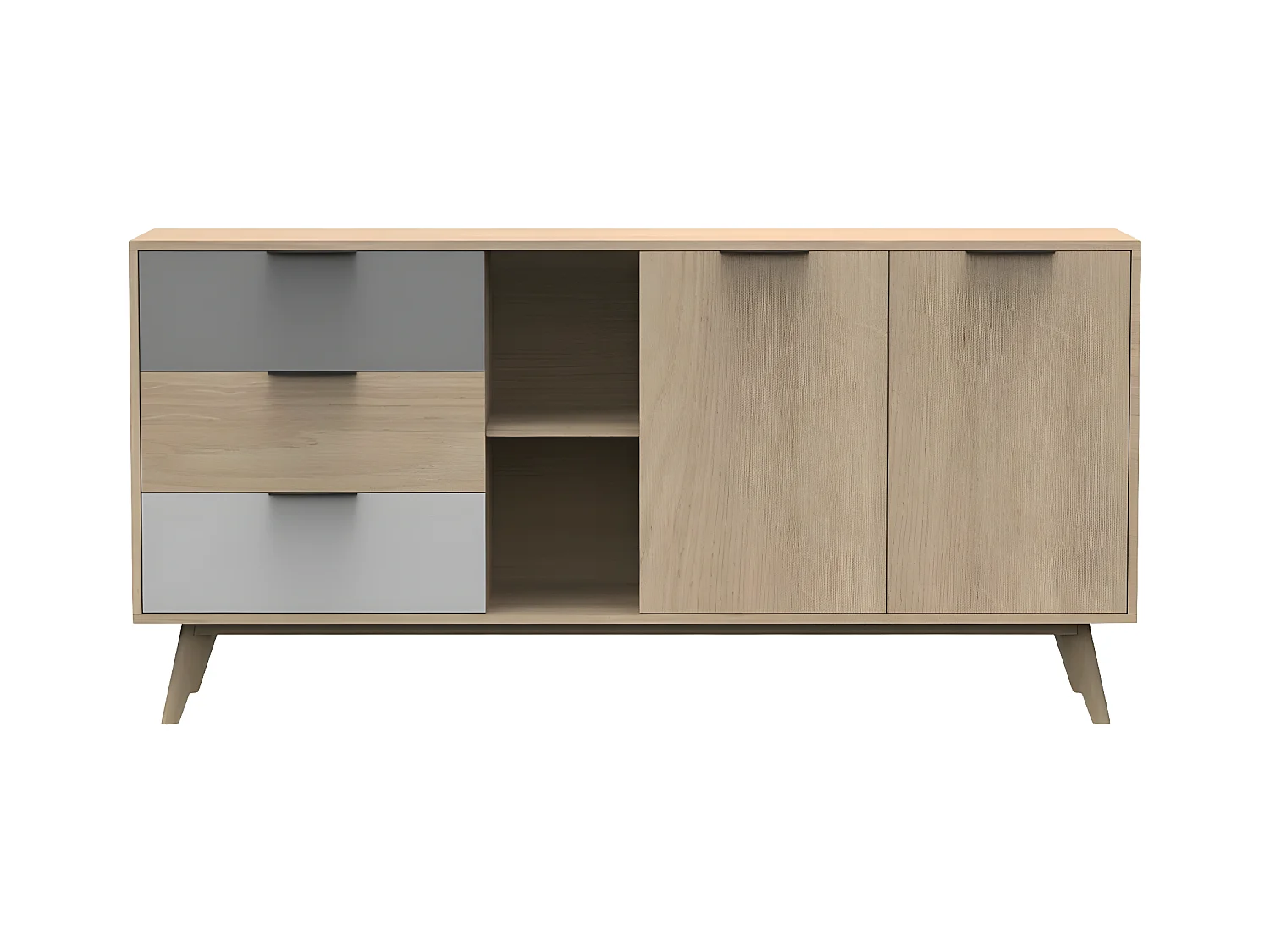 BORGH - Buffet 165cm 2 Portes 3 Tiroirs Scandinave Pin Massif Gris, Blanc et Effet Chêne
