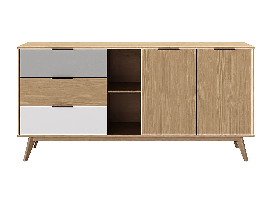 BORGH - Buffet 165cm 2 Portes 3 Tiroirs Scandinave Pin Massif Gris, Blanc et Effet Chêne