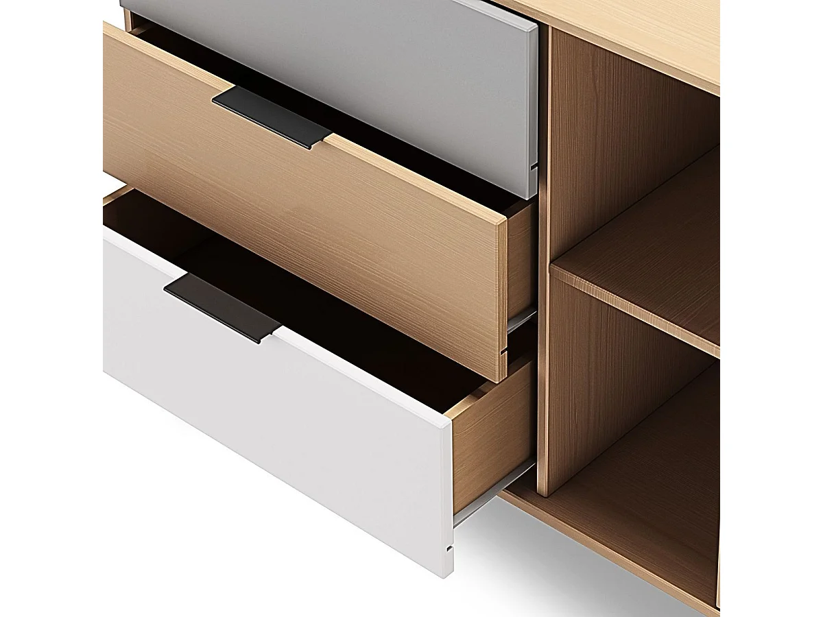 BORGH - Buffet 165cm 2 Portes 3 Tiroirs Scandinave Pin Massif Gris, Blanc et Effet Chêne