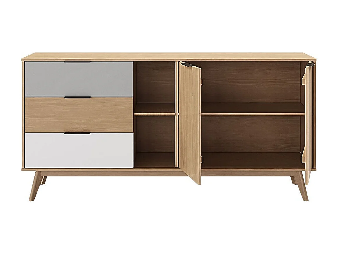 BORGH - Buffet 165cm 2 Portes 3 Tiroirs Scandinave Pin Massif Gris, Blanc et Effet Chêne