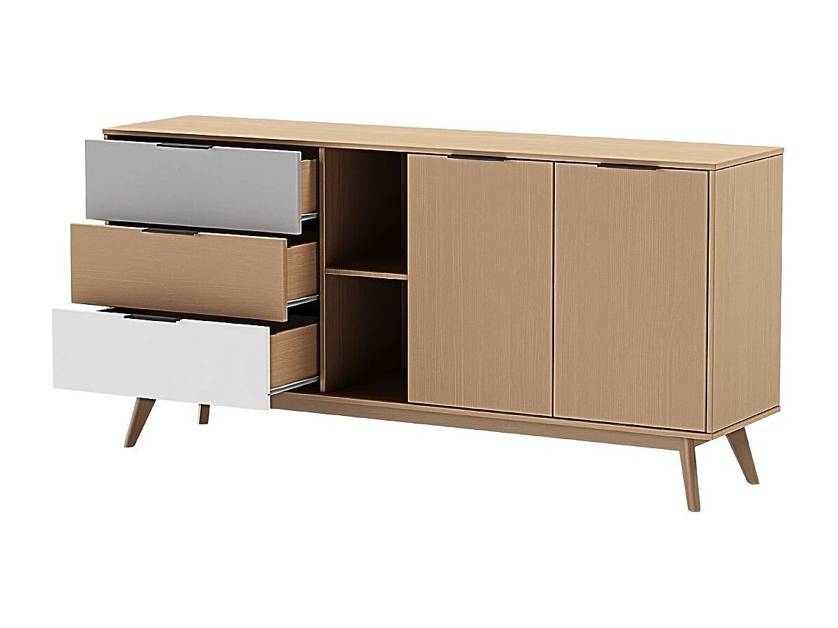 BORGH - Buffet 165cm 2 Portes 3 Tiroirs Scandinave Pin Massif Gris, Blanc et Effet Chêne