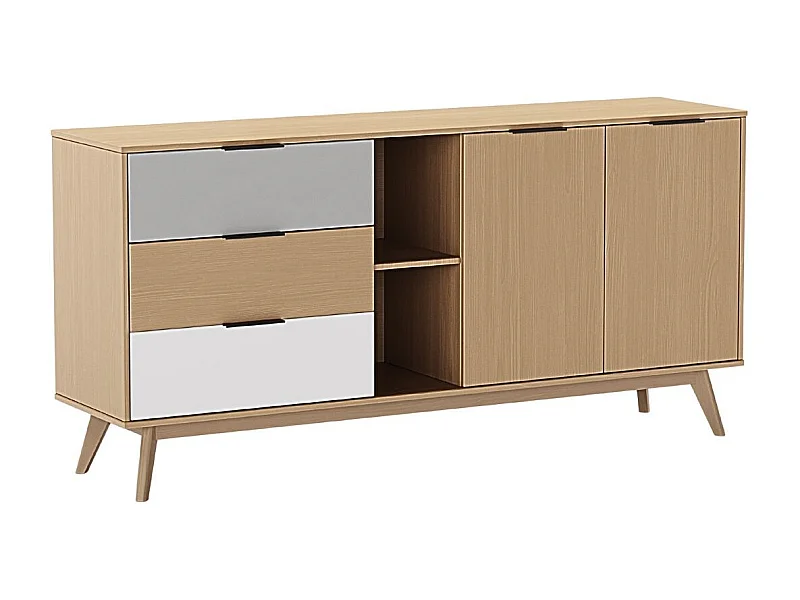 BORGH - Buffet 165cm 2 Portes 3 Tiroirs Scandinave Pin Massif Gris, Blanc et Effet Chêne