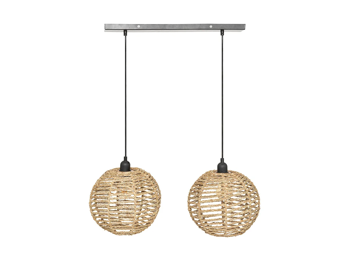 Luminaire Suspension 2 Lampes en métal Noir et Jonc de mer L 50 cm