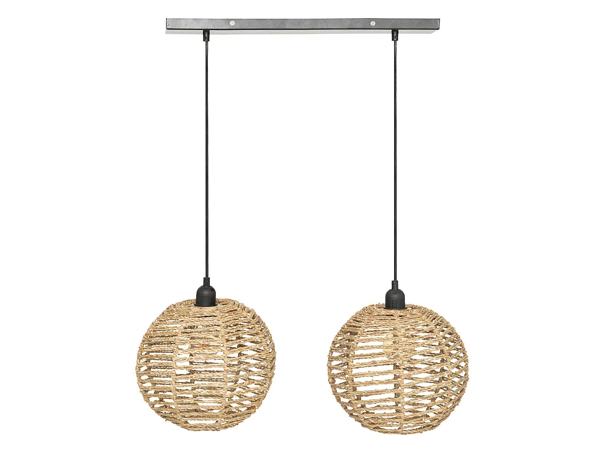 Luminaire Suspension 2 Lampes en métal Noir et Jonc de mer L 50 cm