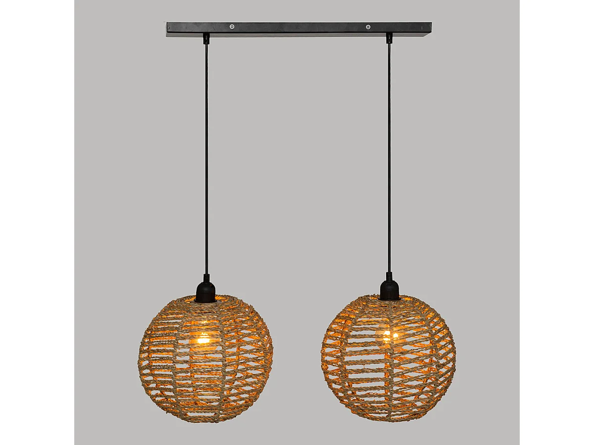 Luminaire Suspension 2 Lampes en métal Noir et Jonc de mer L 50 cm