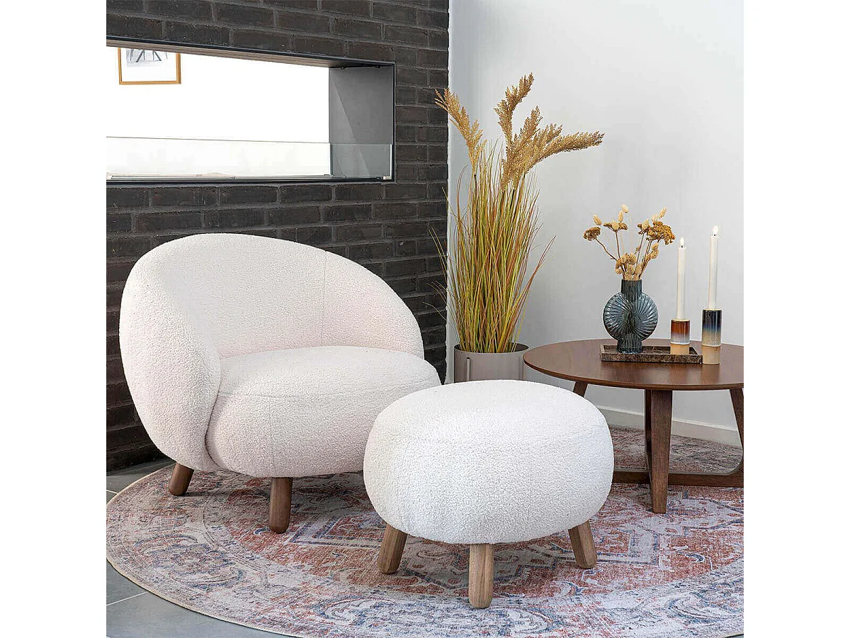 MOOT - Repose-Pieds Imitation Laine Blanche et Pieds Bois