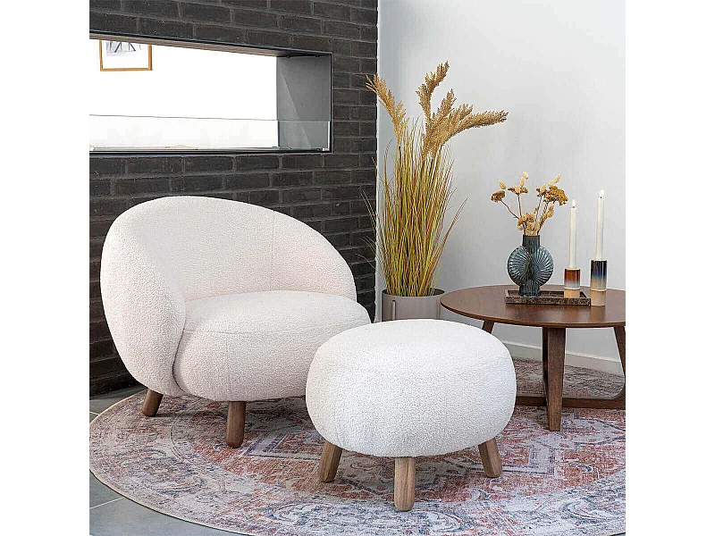 MOOT - Repose-Pieds Imitation Laine Blanche et Pieds Bois