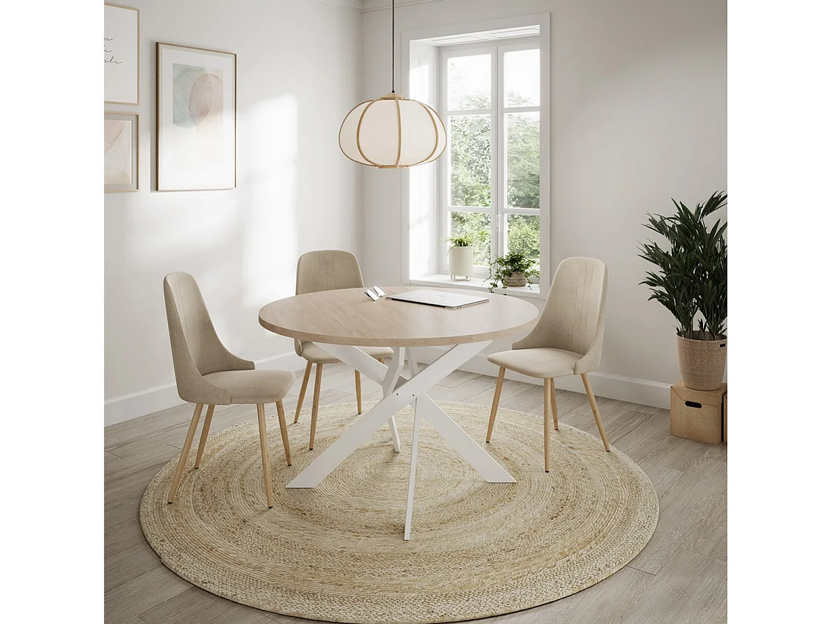 MICAT - Lot de 4 Chaises Tissu Beige 3 Lignes Surpiquées Pieds Métal Effet Bois