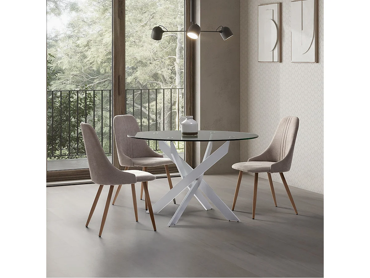 MICAT - Lot de 4 Chaises Tissu Beige 3 Lignes Surpiquées Pieds Métal Effet Bois