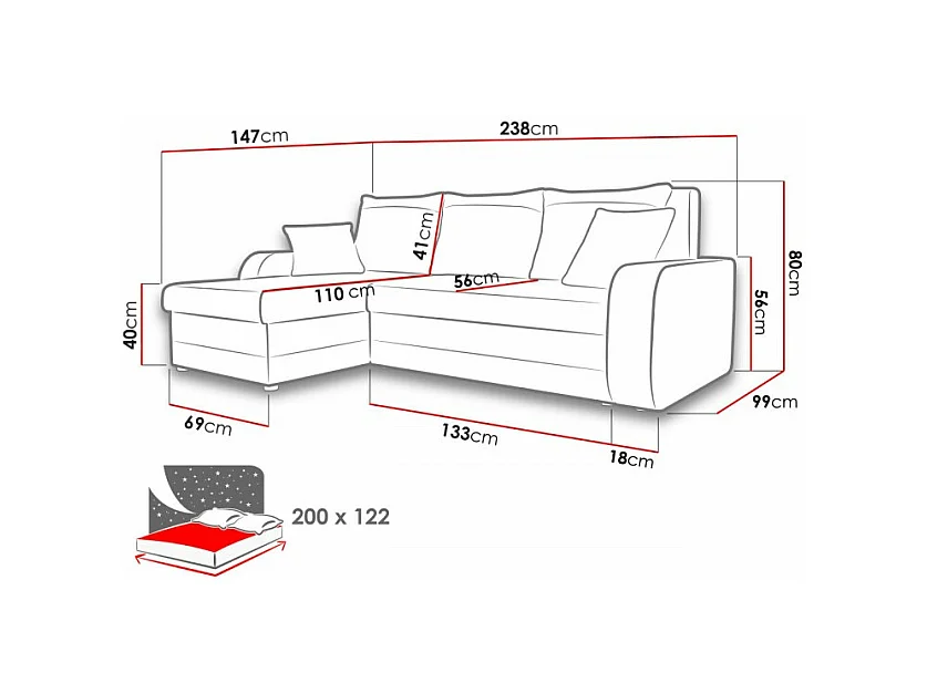 Sofá de canto Comfivo 135, Cinzento, Funcionalidade de dormir