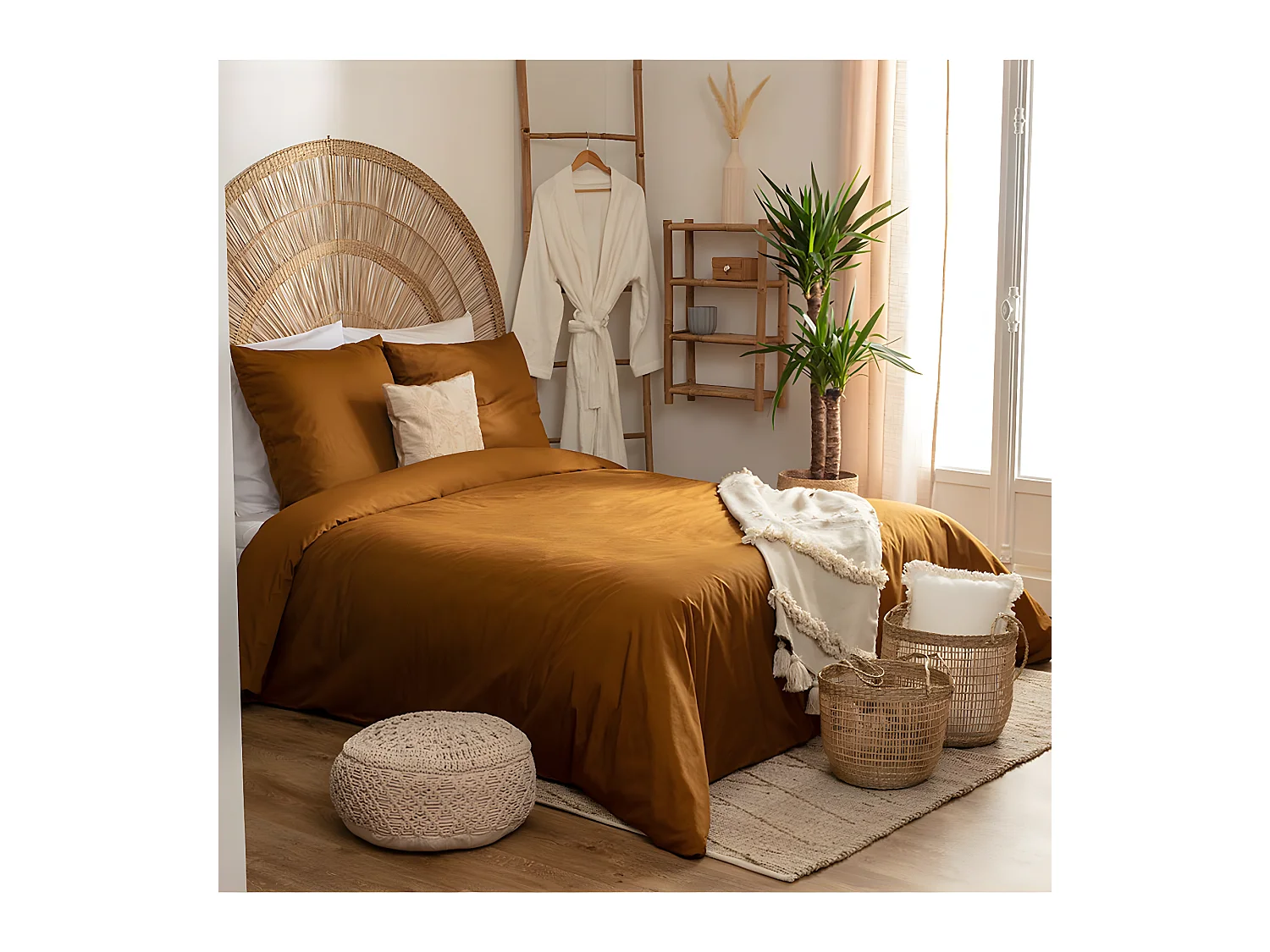 Parure de lit 2 Personnes en Percale de Coton Jaune Ocre  240 x 220 cm Housse de couette avec 2 taies