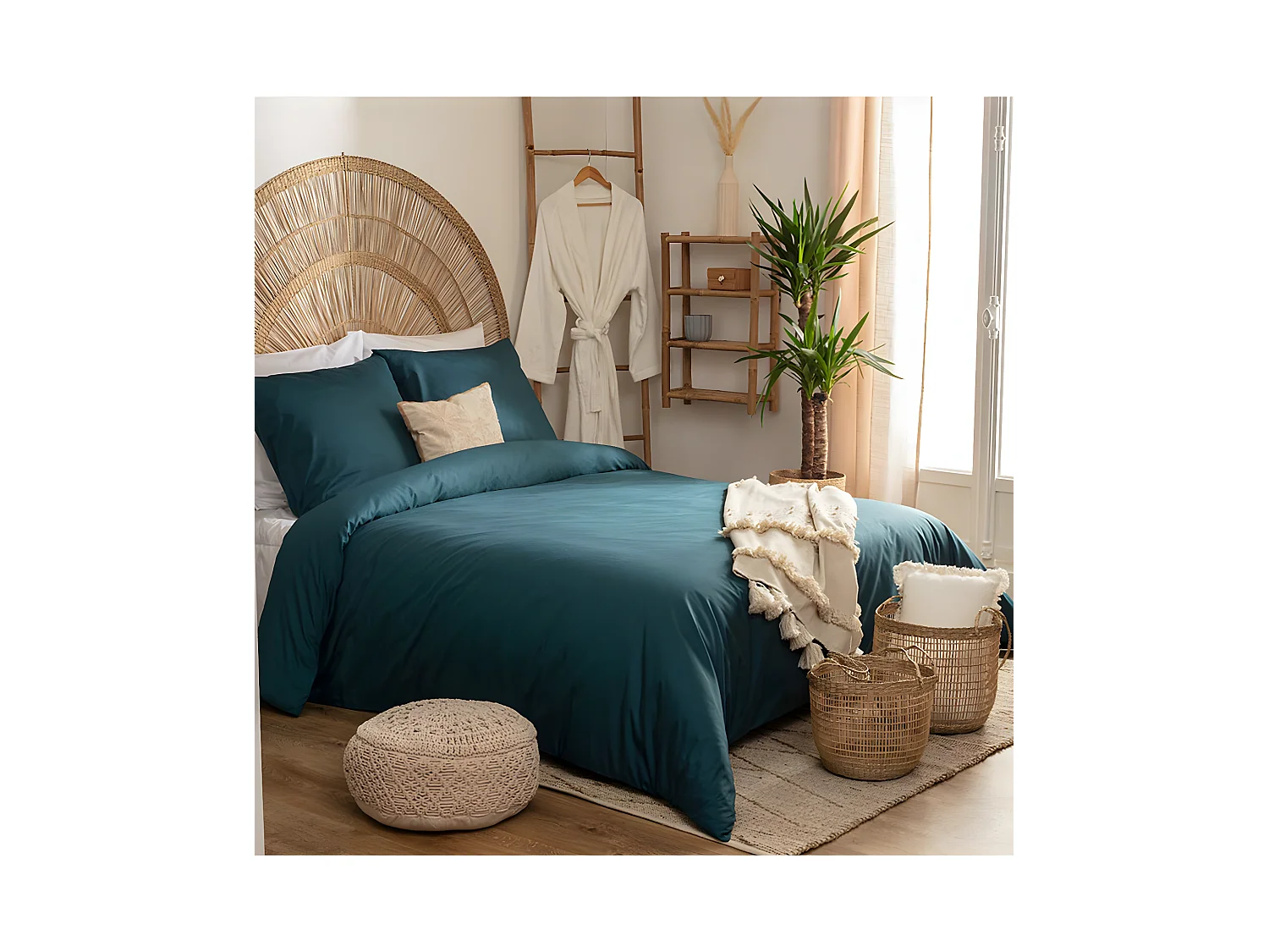 Parure de lit 2 Personnes en Percale de Coton  Bleu Egéen  240 x 220 cm Housse de couette avec 2 taies